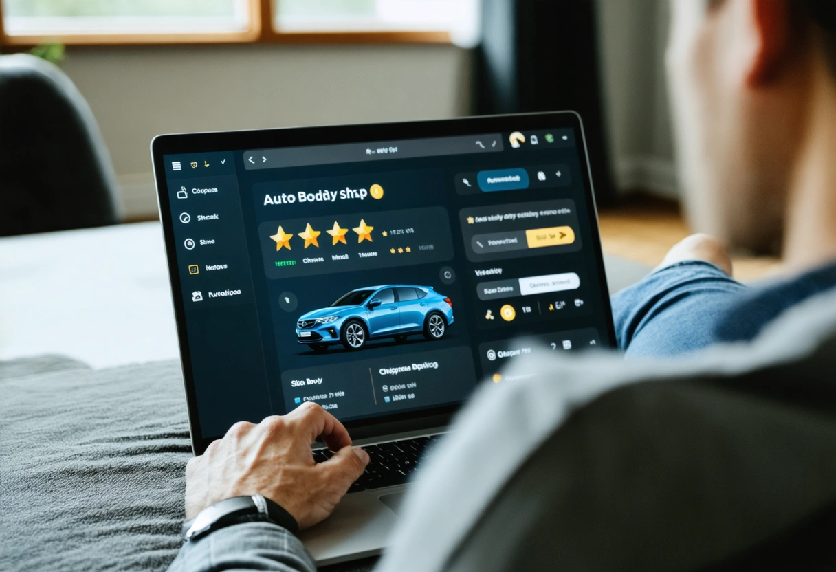 Person comparing auto body shop ratings and reviews on a laptop in a tidy living room