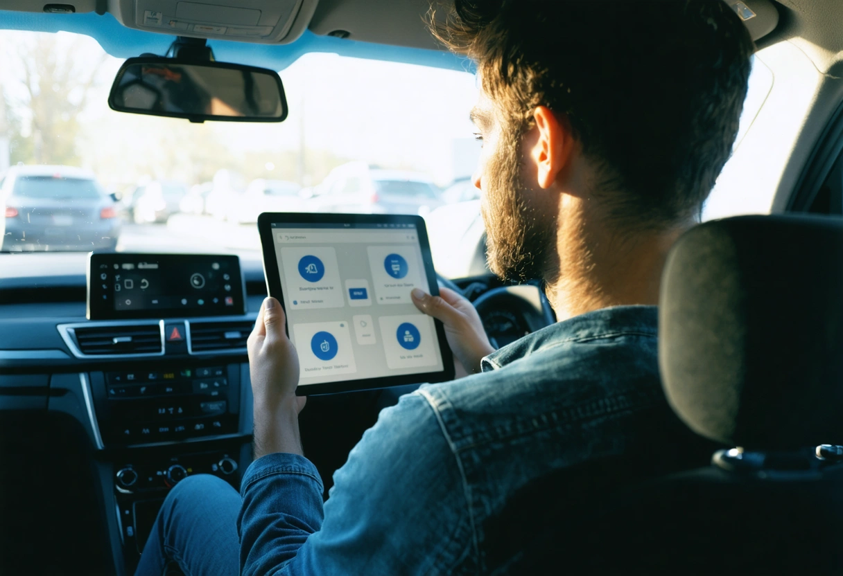 Driver reviews digital service record on tablet in clean car, tire and ADAS icons highlighted, sunlight streaming in