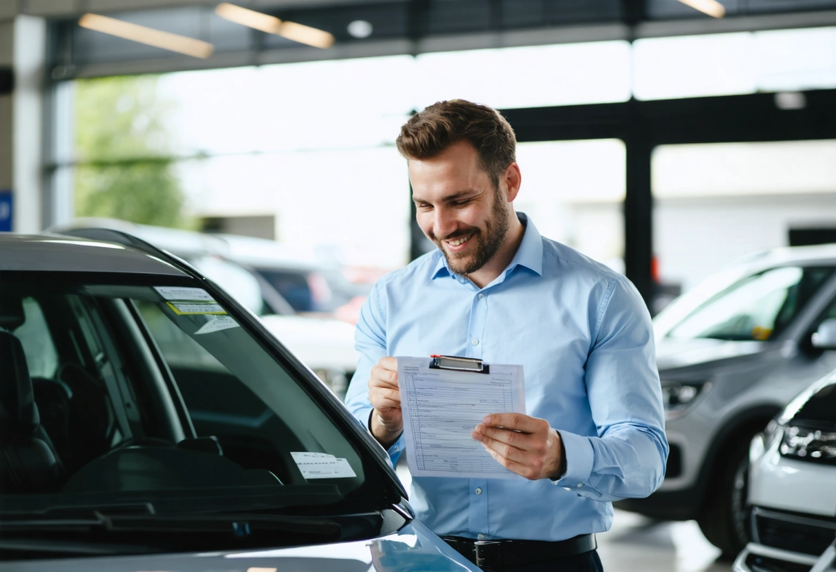Service advisor gives checklist to car owner in bright auto shop lobby, both smiling, alignment and ADAS listed