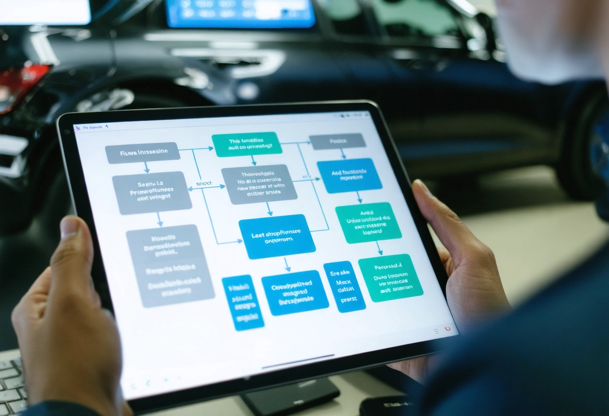 Technician holding tablet displaying step-by-step auto insurance claim flowchart in office