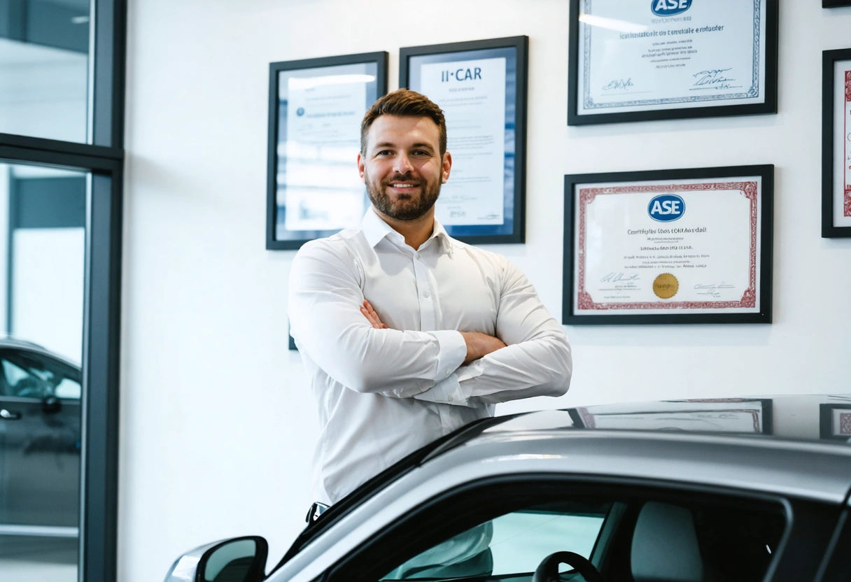 Technician showing ASE and I-CAR certificates on office wall with car visible through window