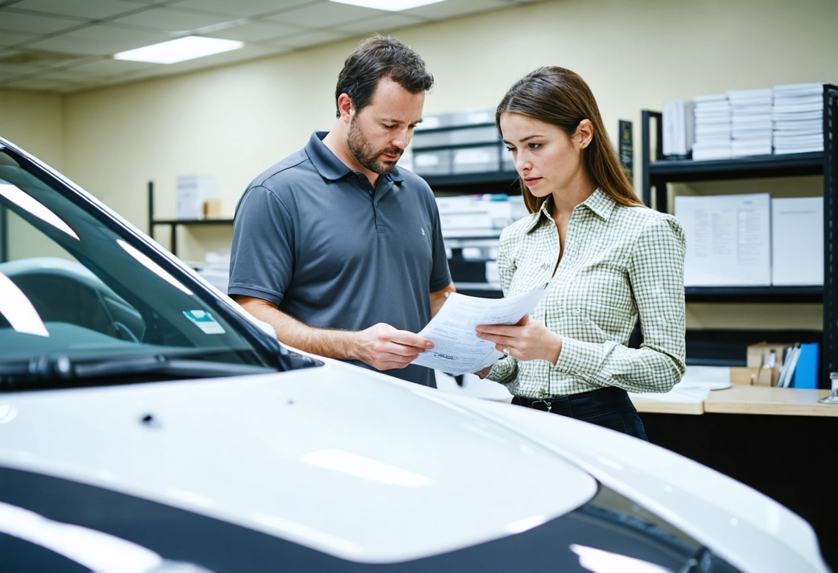 Manager explaining repair options to concerned customer with documents in organized office