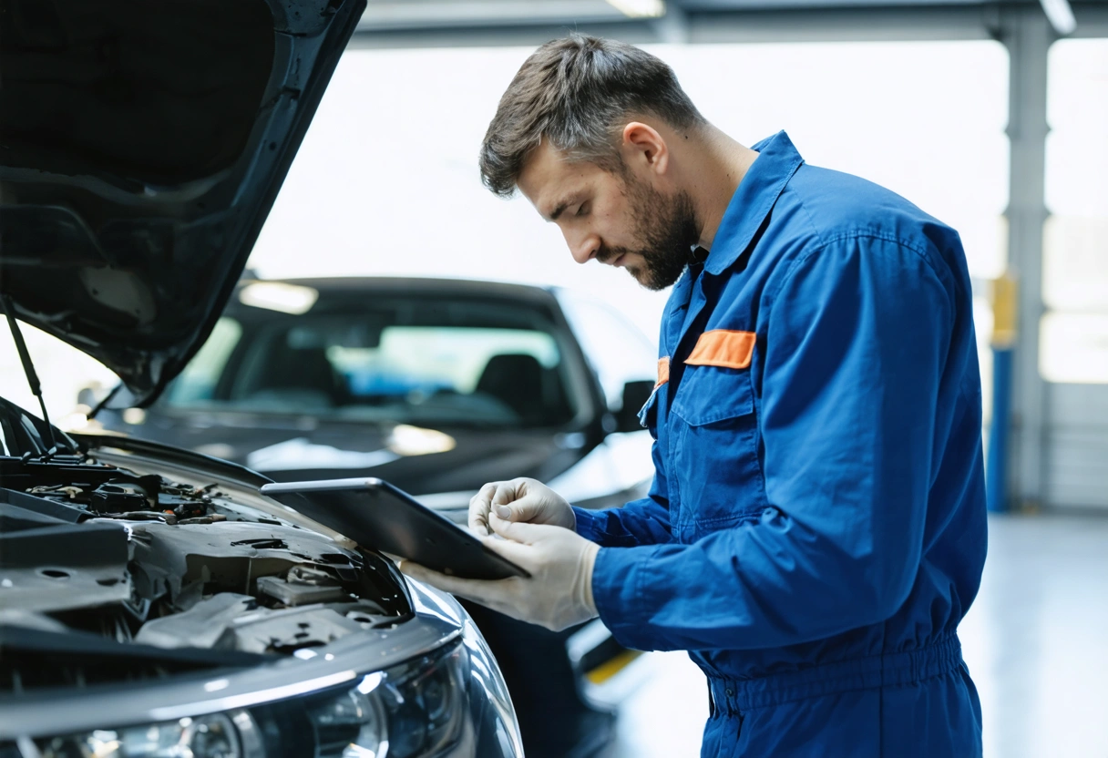 Auto body technician using tablet to document car damage in professional repair bay