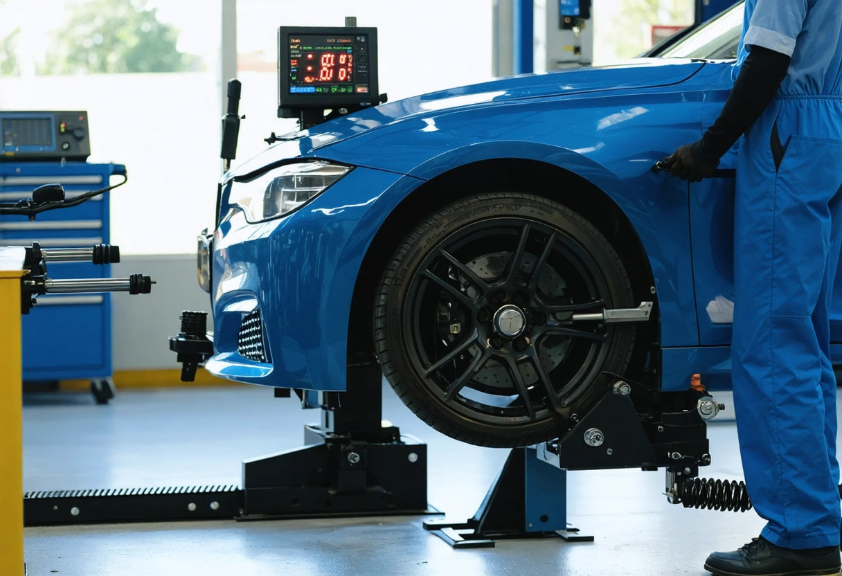 Technician adjusts car’s front wheels on alignment machine with digital angle readouts in shop