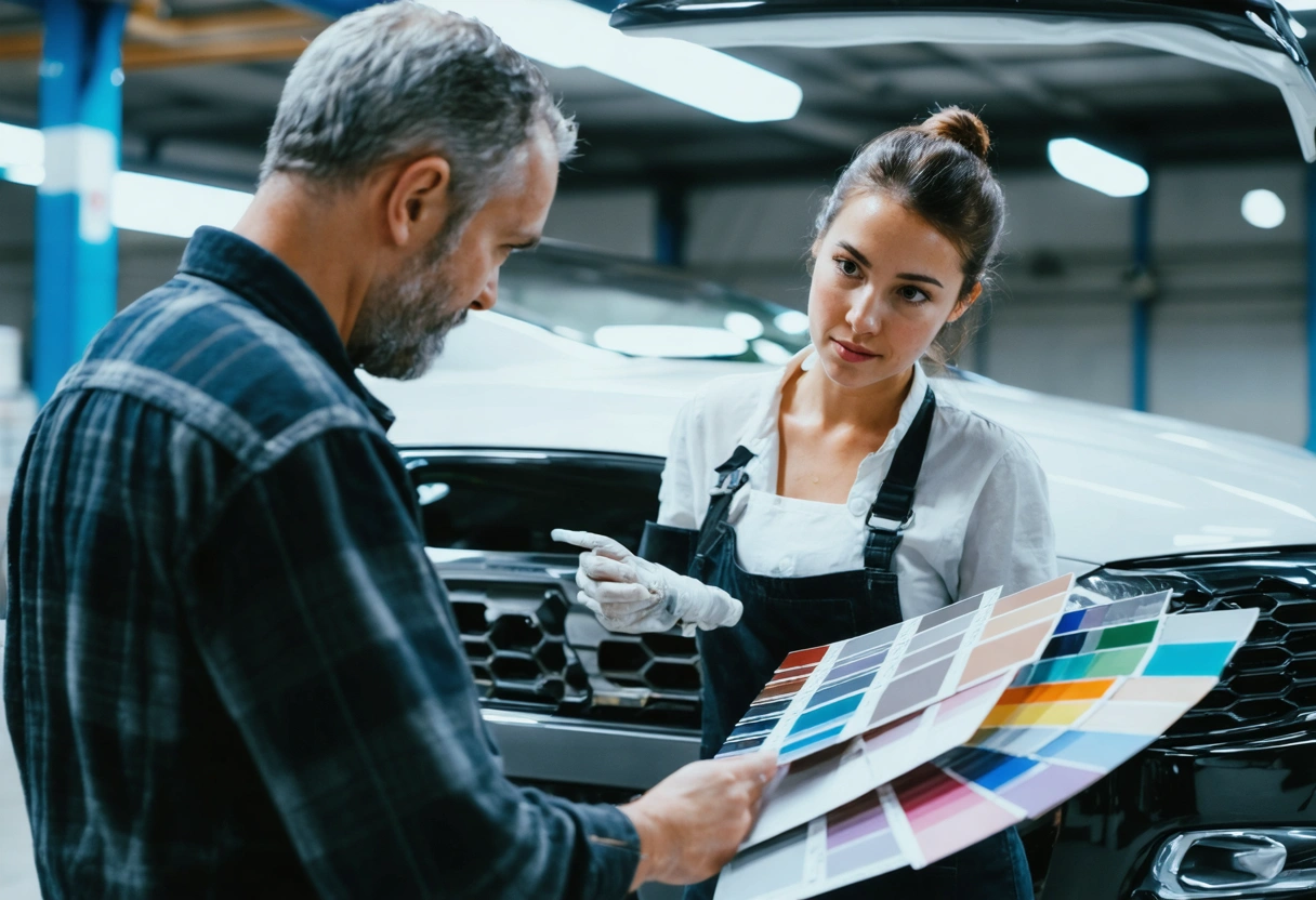 Custom-painted car featuring unique colors and intricate striping inside an auto body shop
