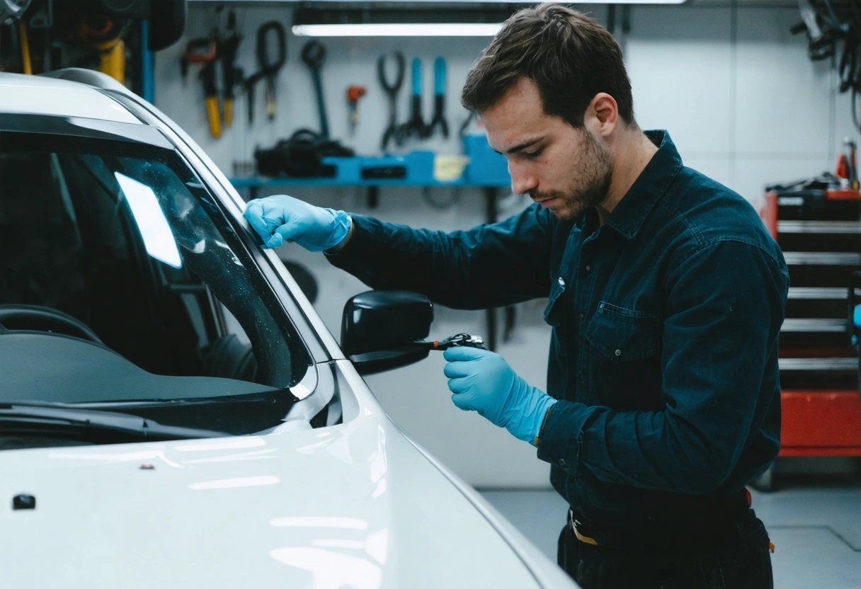 Technician in gloves examines dented car panel with light in organized, clean auto body shop