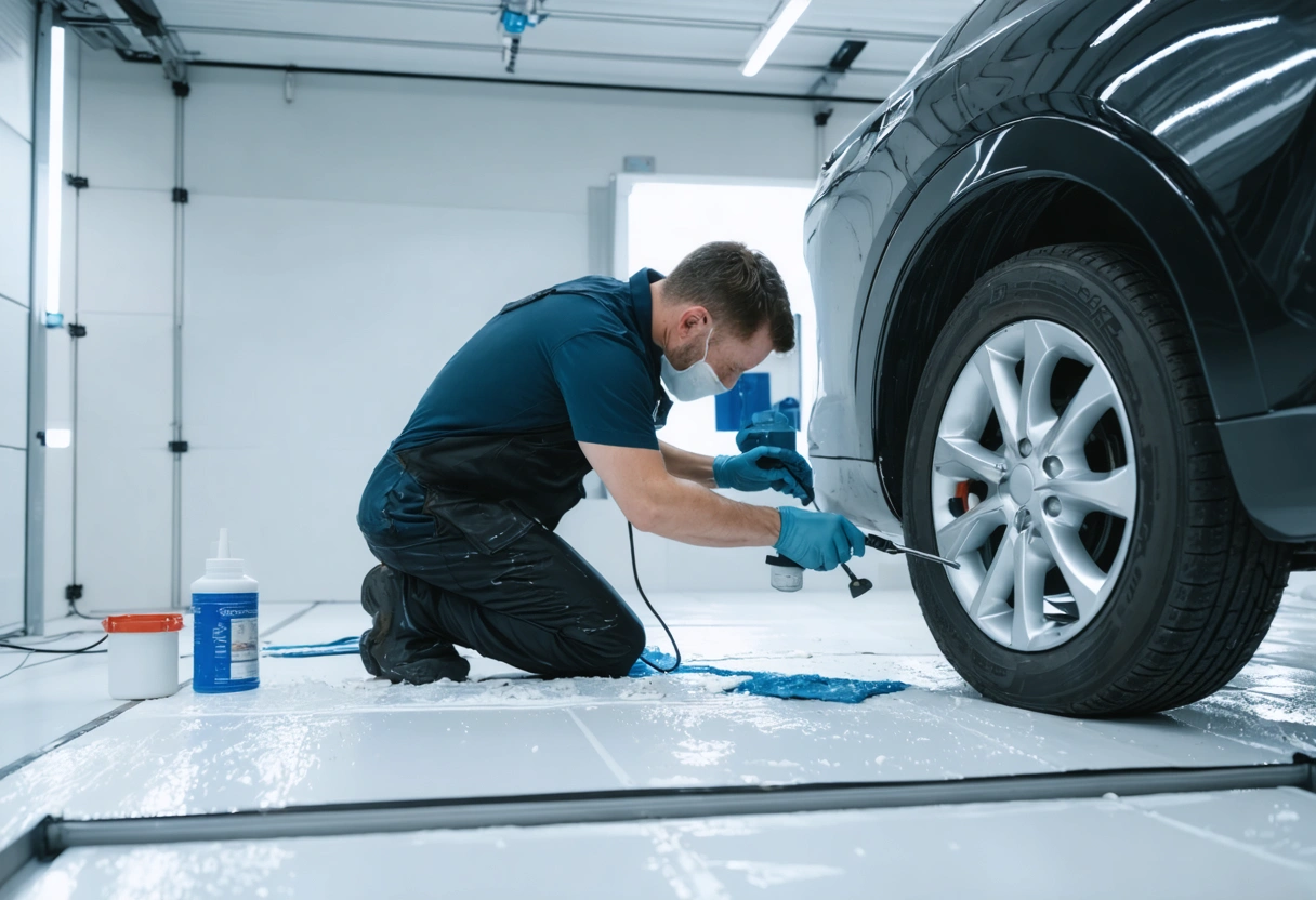 Auto body technician blending paint on a vehicle panel in a controlled workshop environment
