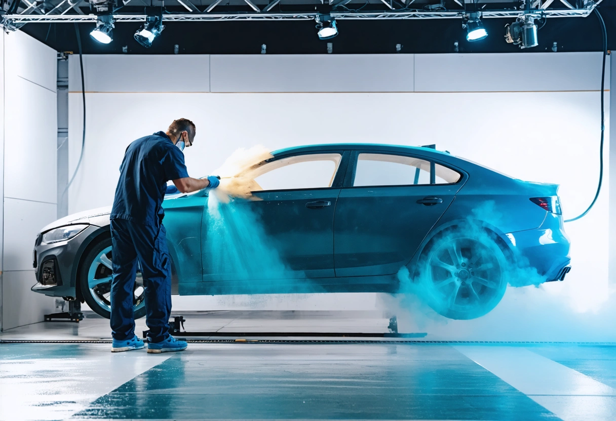 Team of technicians using digital color matching tools beside a freshly refinished car