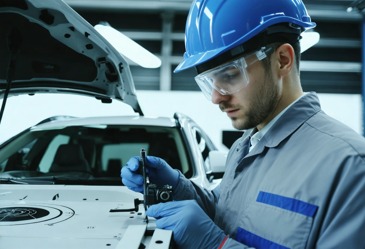 Technician calibrates car’s front camera using target board and tools in organized workshop, side view