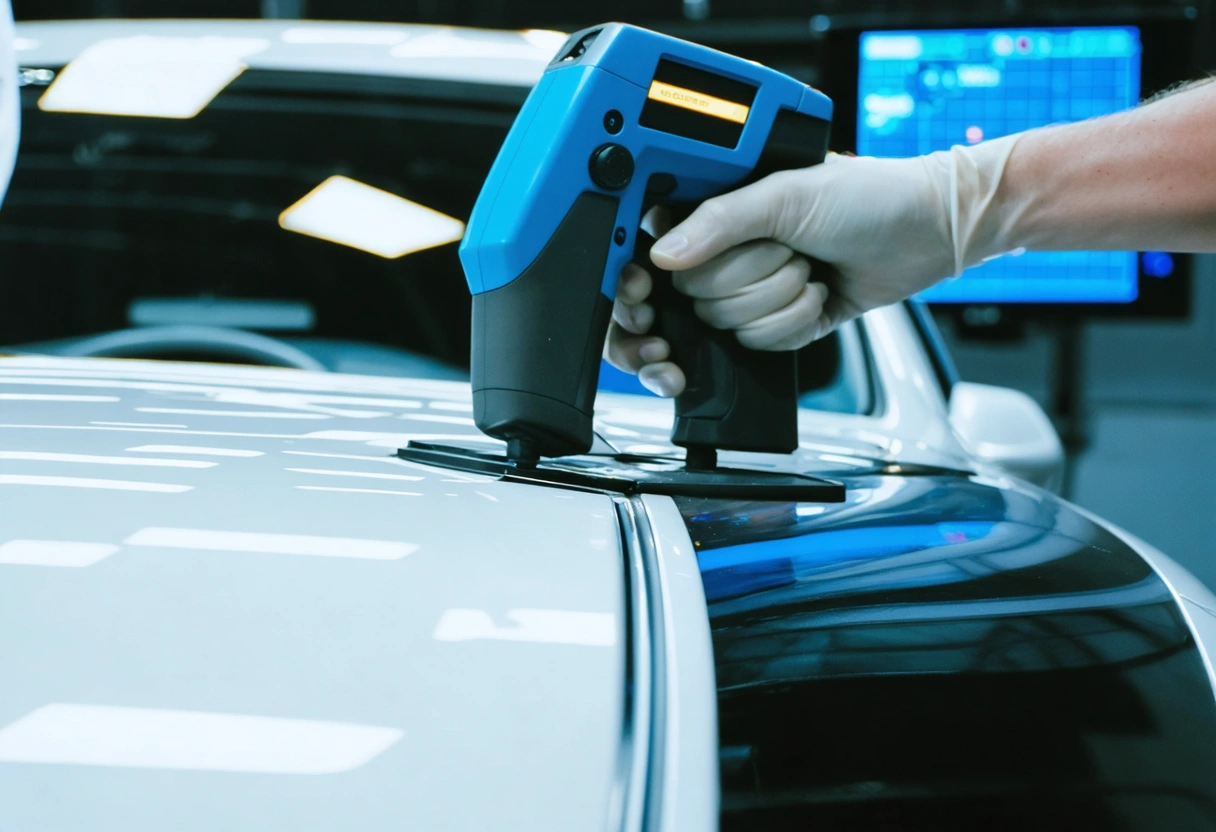 Technician comparing paint swatches to a car panel under natural and artificial light sources