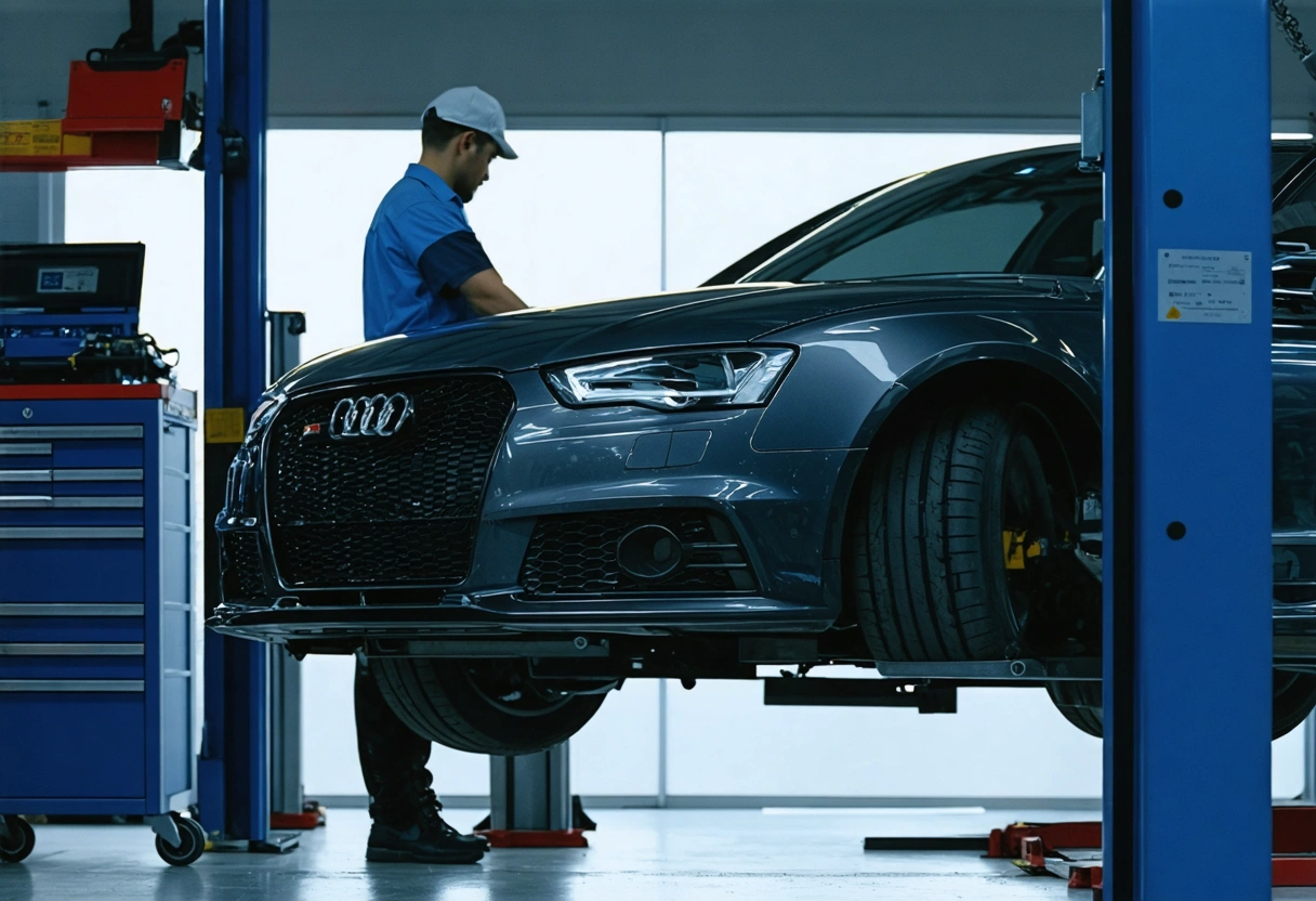 A car on a lift in a professional auto repair shop, mechanic examining undercarriage, bright