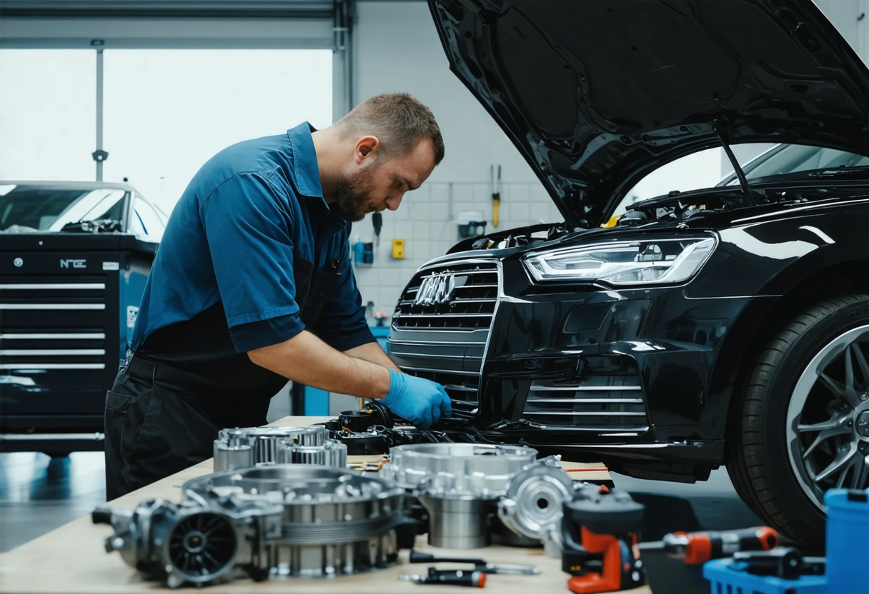 Certified technician comparing OEM and aftermarket parts on a workbench.