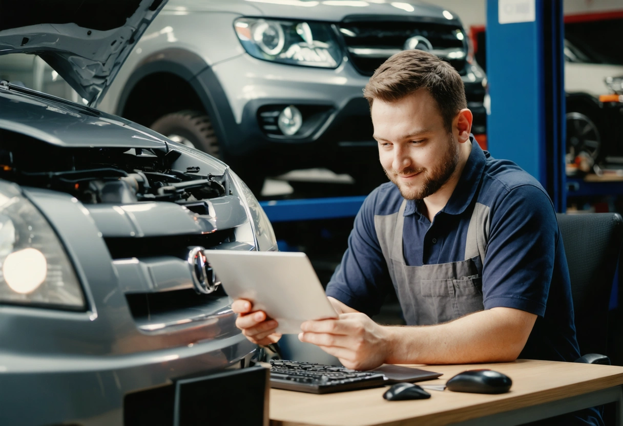 Technician explaining repair details to customer at service desk.