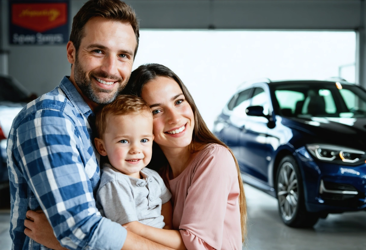 A family feeling relieved and happy in a certified auto repair shop, car in the