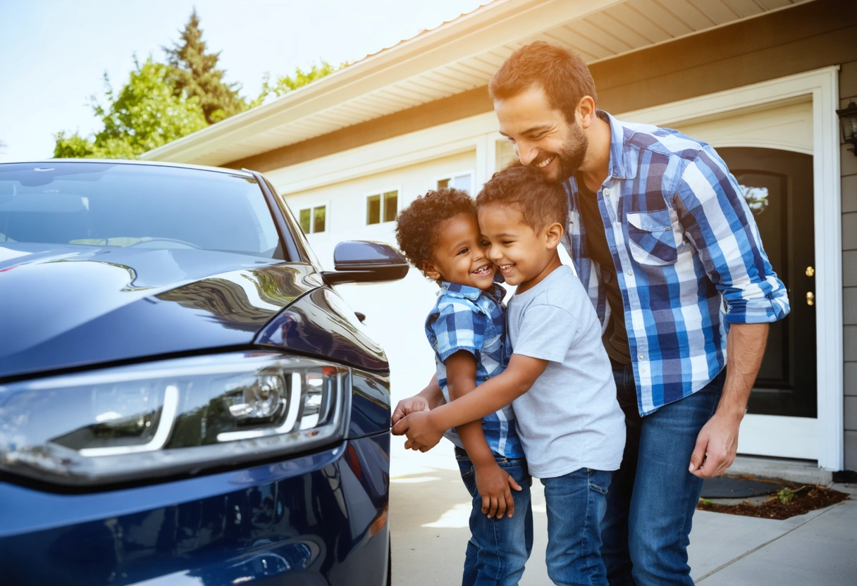 Family admiring repaired car in driveway, reflecting quality and safety.