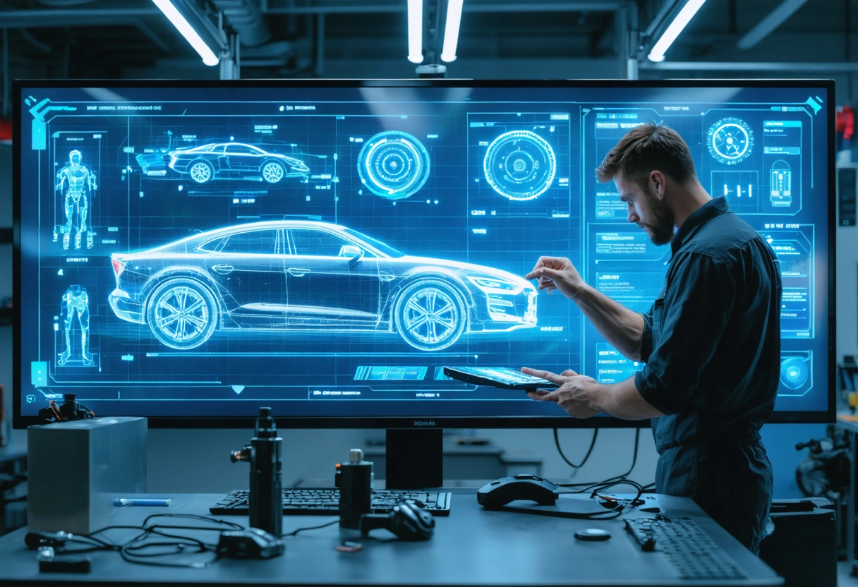 A futuristic auto shop with advanced computerized alignment systems. A mechanic uses a digital interface