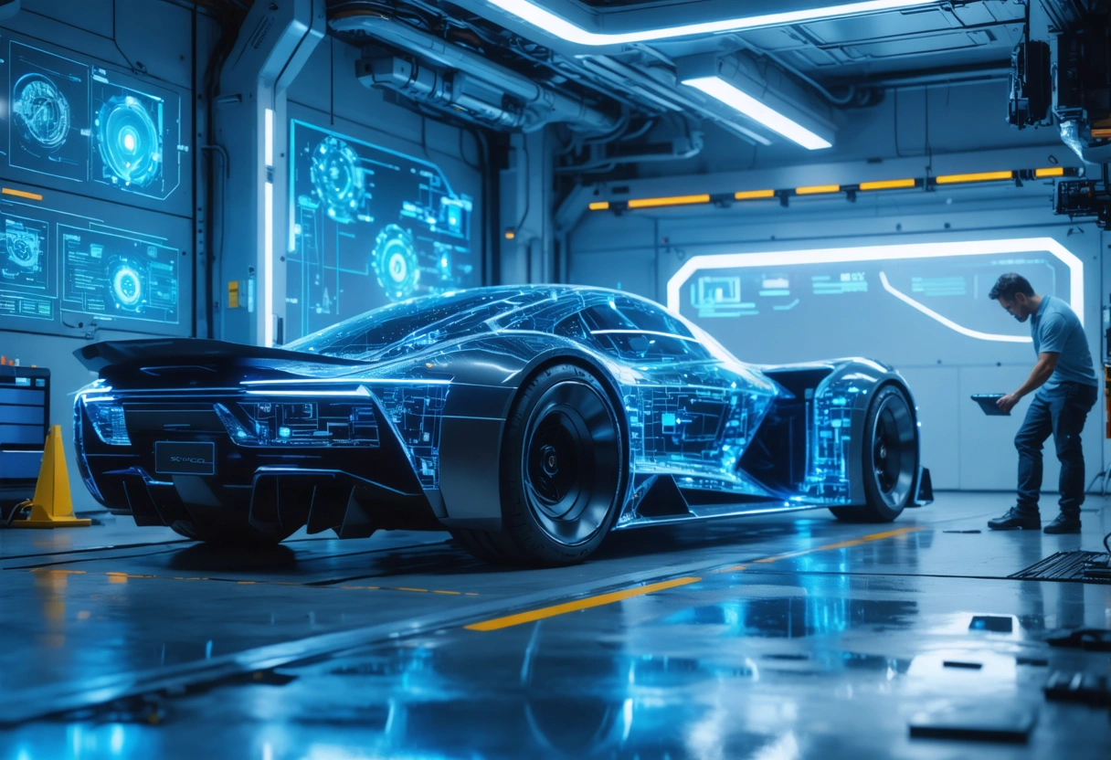 A futuristic car in a high-tech garage, mechanic using AI-powered diagnostic tools, digital displays, bright