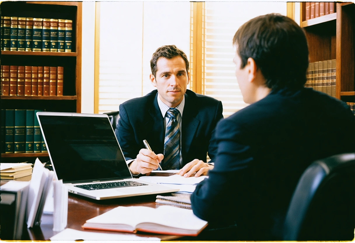 A lawyer advising a client on legal rights in a well-lit office. The client nods