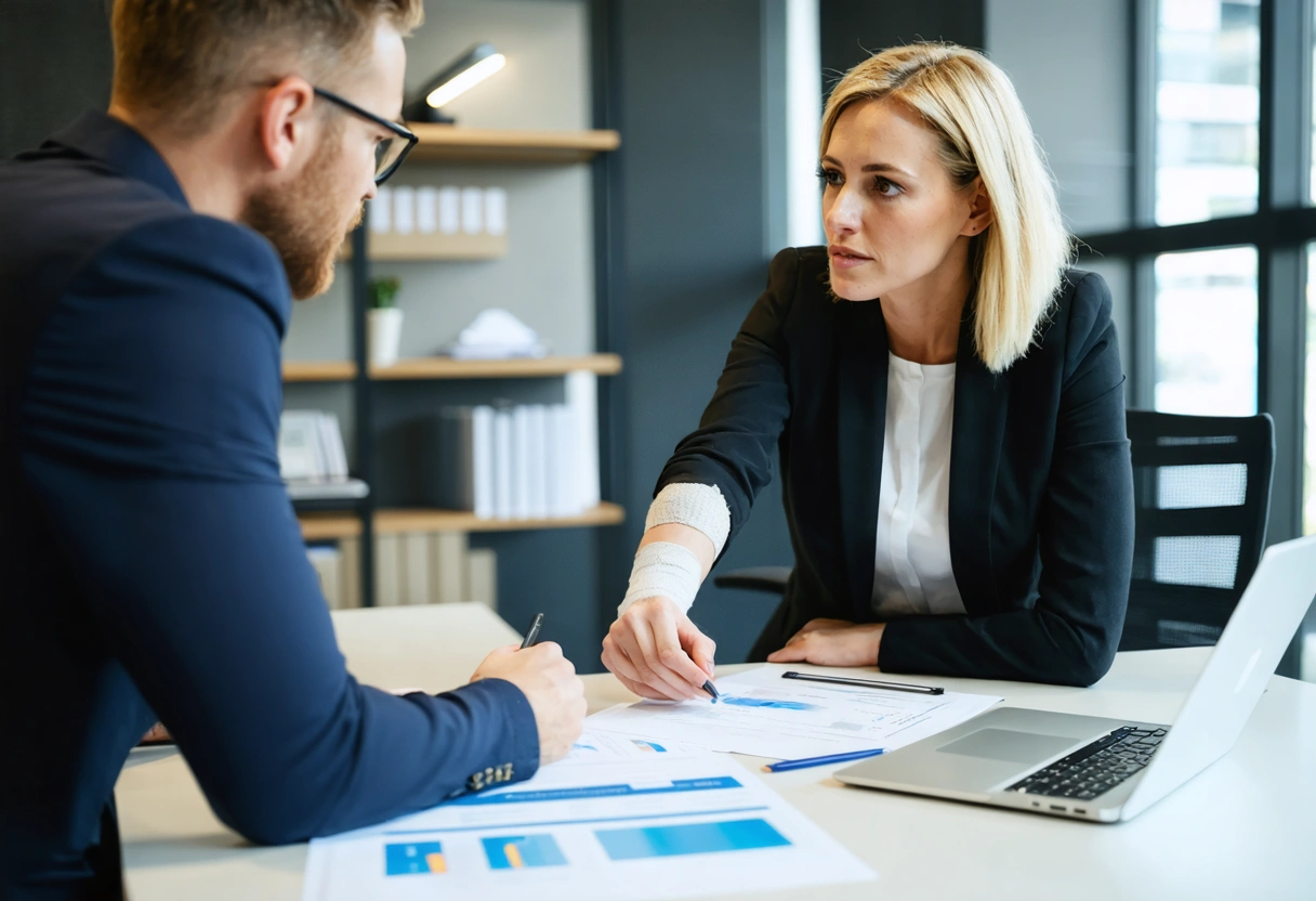 A lawyer and client discussing a personal injury case in a modern office. The client