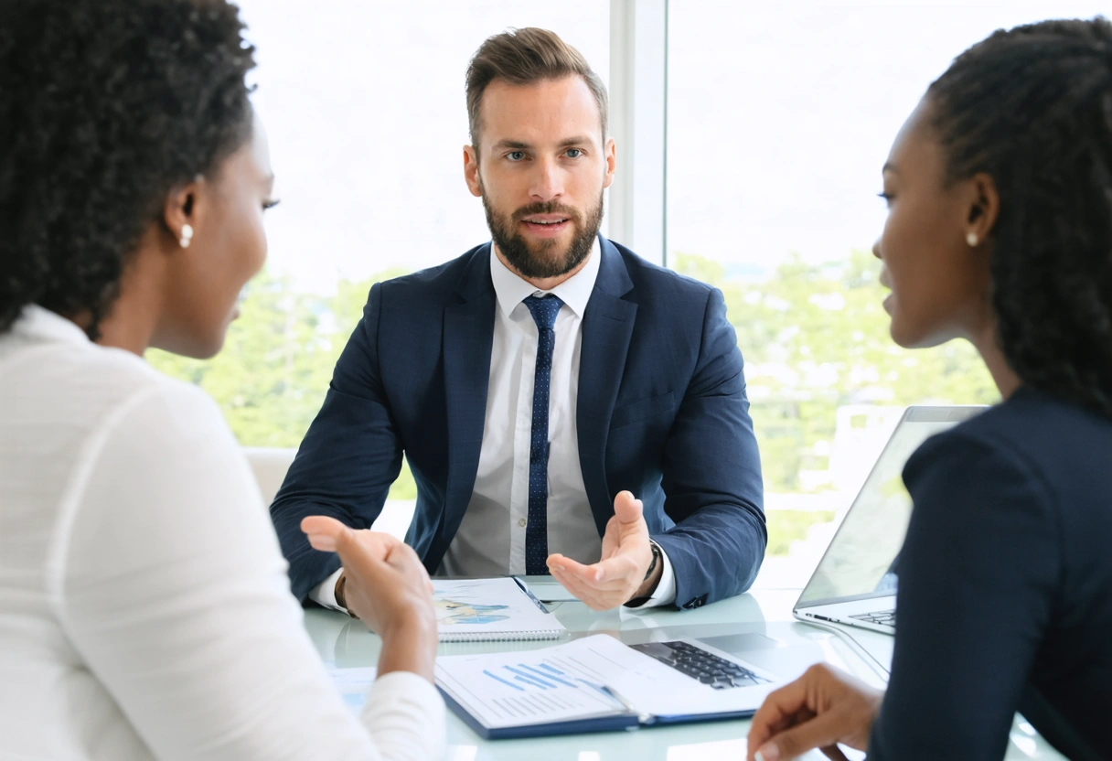 A lawyer and client negotiating a settlement in a bright office. The lawyer gestures confidently,