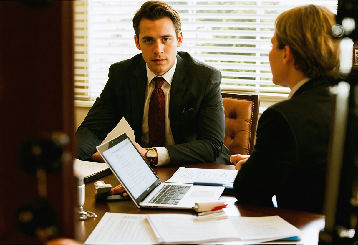 A lawyer explaining insurance claim complexities to a client in a cozy office. The client