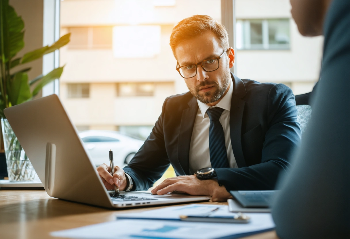 A lawyer reviewing a car accident case with a client in an office. Documents and