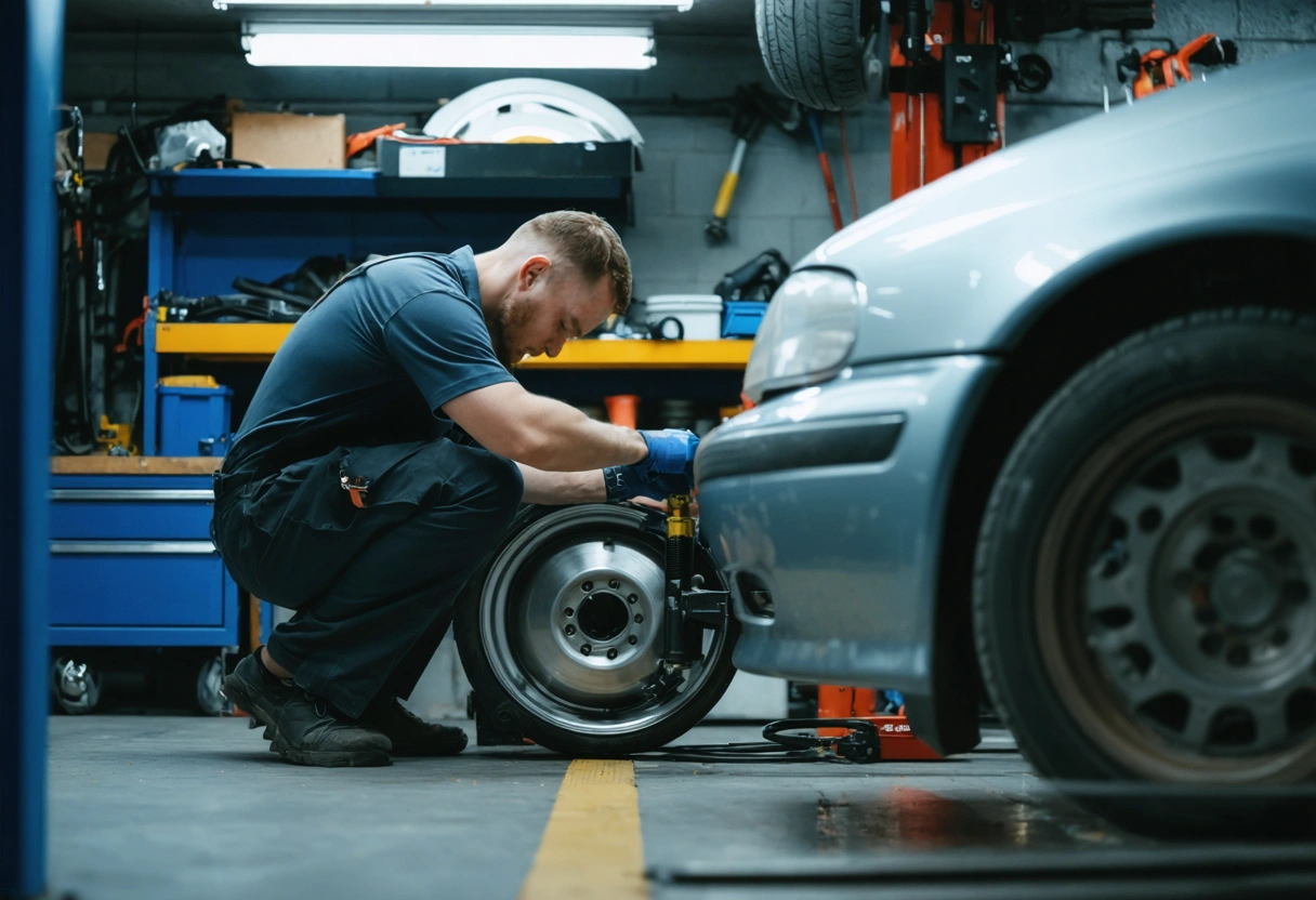 A mechanic adjusting a car's suspension in a garage, focusing on the camber angle of