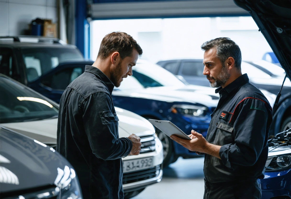 Mechanic and customer discussing diagnostics, surrounded by tools and cars