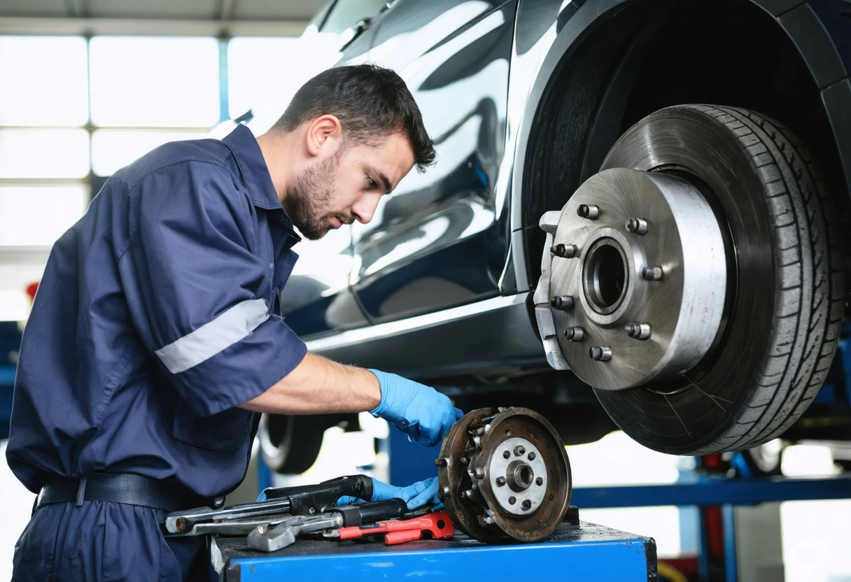 Mechanic checking brake components, organized workshop, focused demeanor