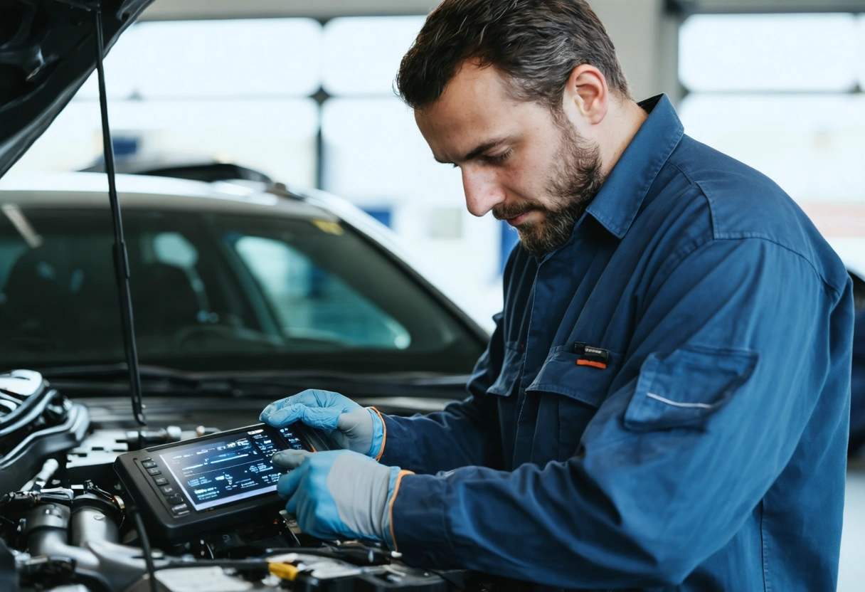 Mechanic using diagnostic equipment on car, dashboard displaying data