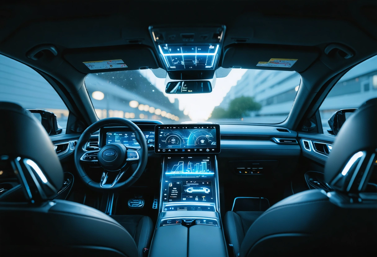 A modern car equipped with ADAS technology, with a digital display showing alignment data. The