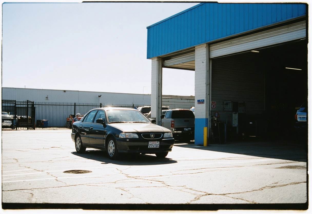 A satisfied customer driving away from a certified auto repair shop, car gleaming under the