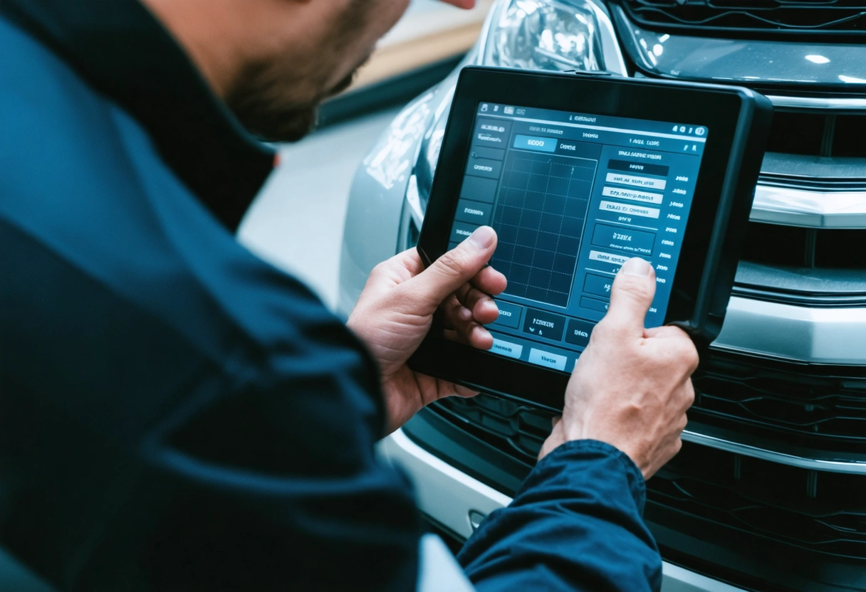 Technician using diagnostic tool on car, digital screen displaying data