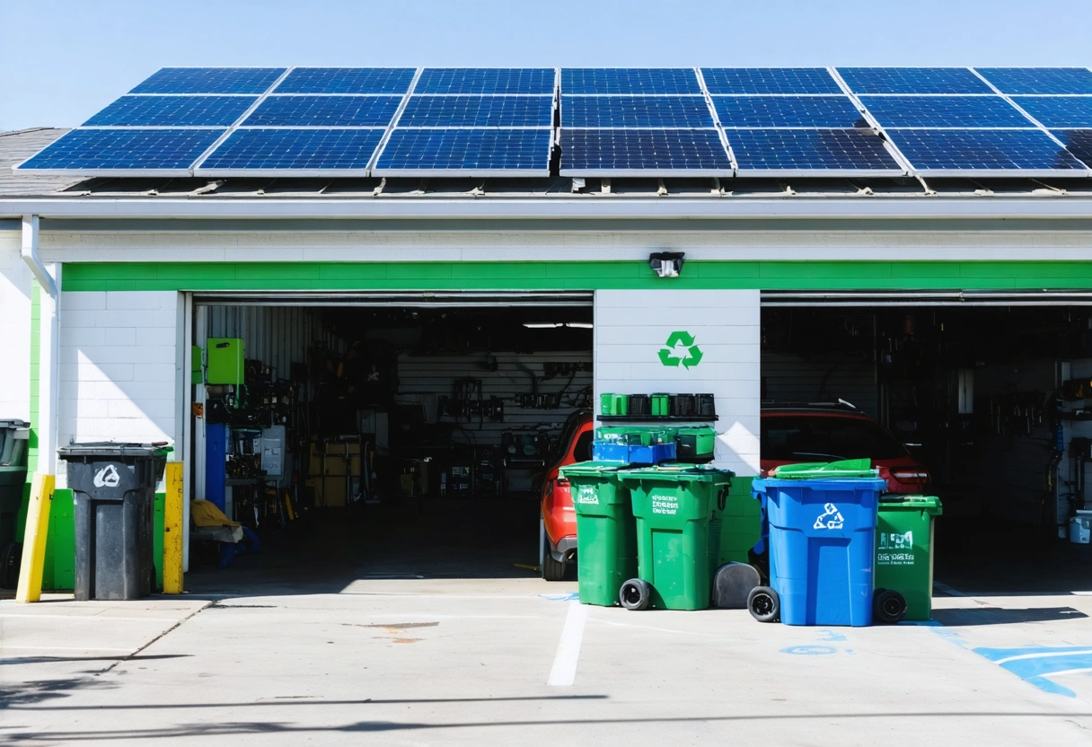 An eco-friendly certified auto repair shop with solar panels, recycling bins, and technicians using green