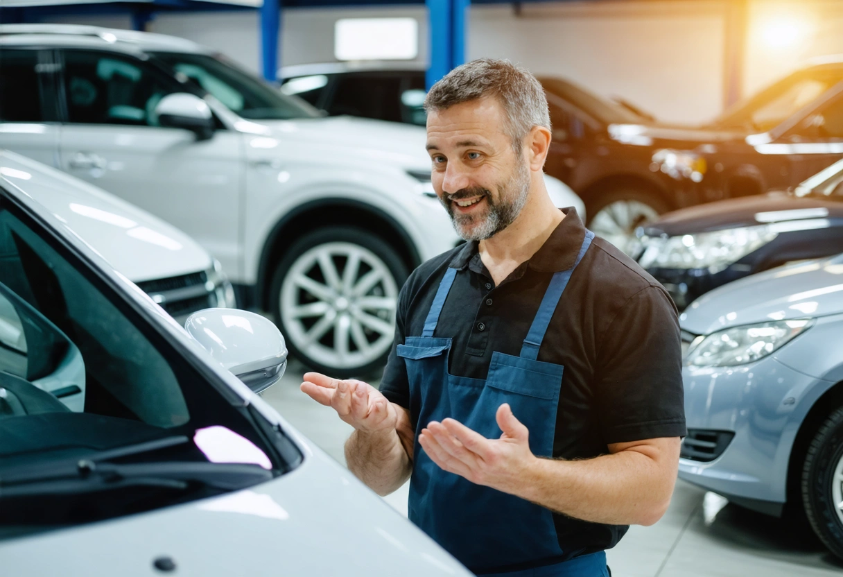 An insurance agent discussing with a customer in a certified auto repair shop, surrounded by
