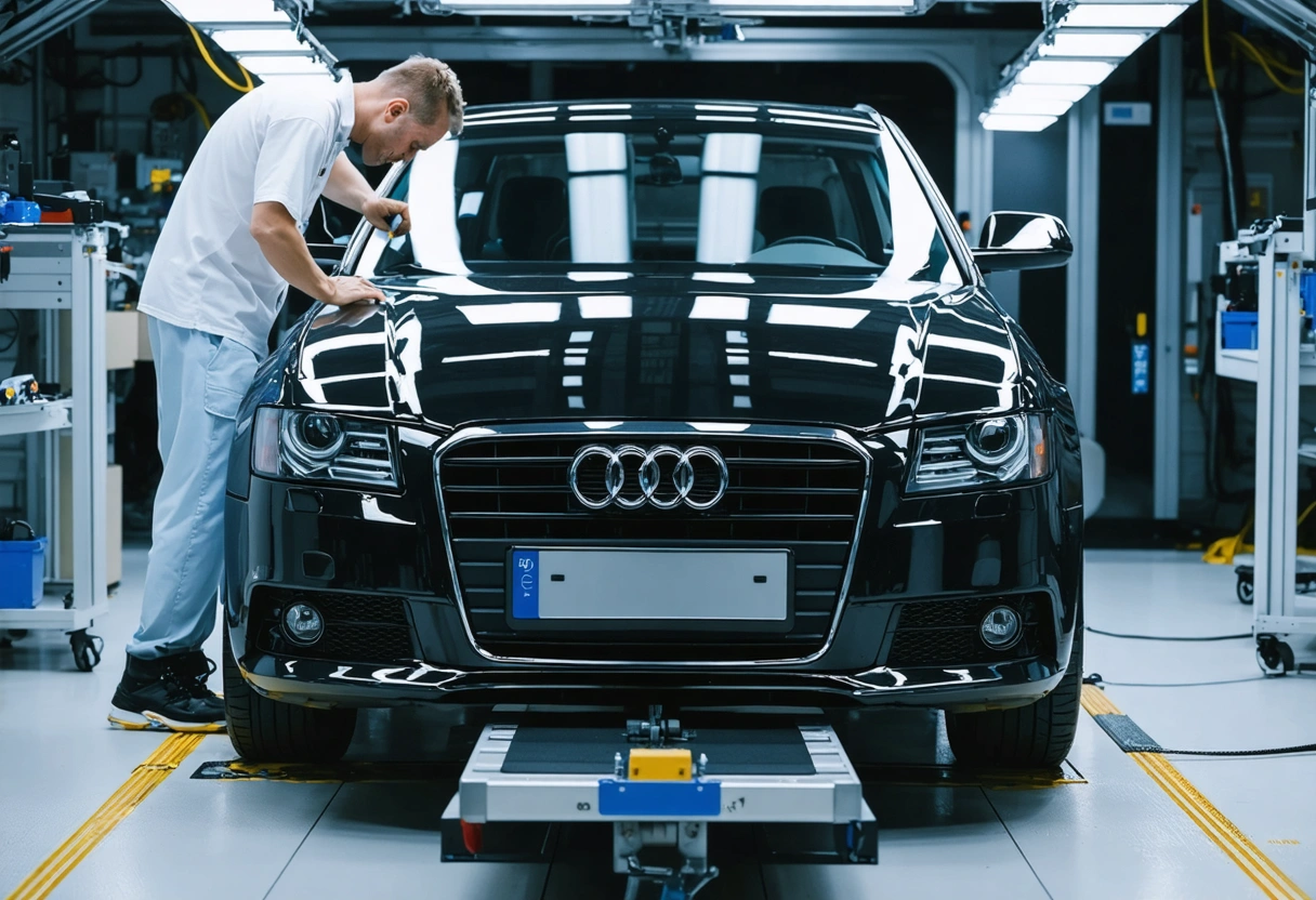 Technician adjusting car sensors in a calibration bay, frontal view