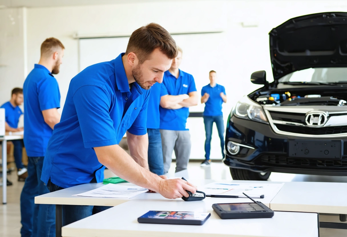 Car owner attending a workshop on vehicle maintenance, instructor demonstrating diagnostics, bright classroom, attentive participants,