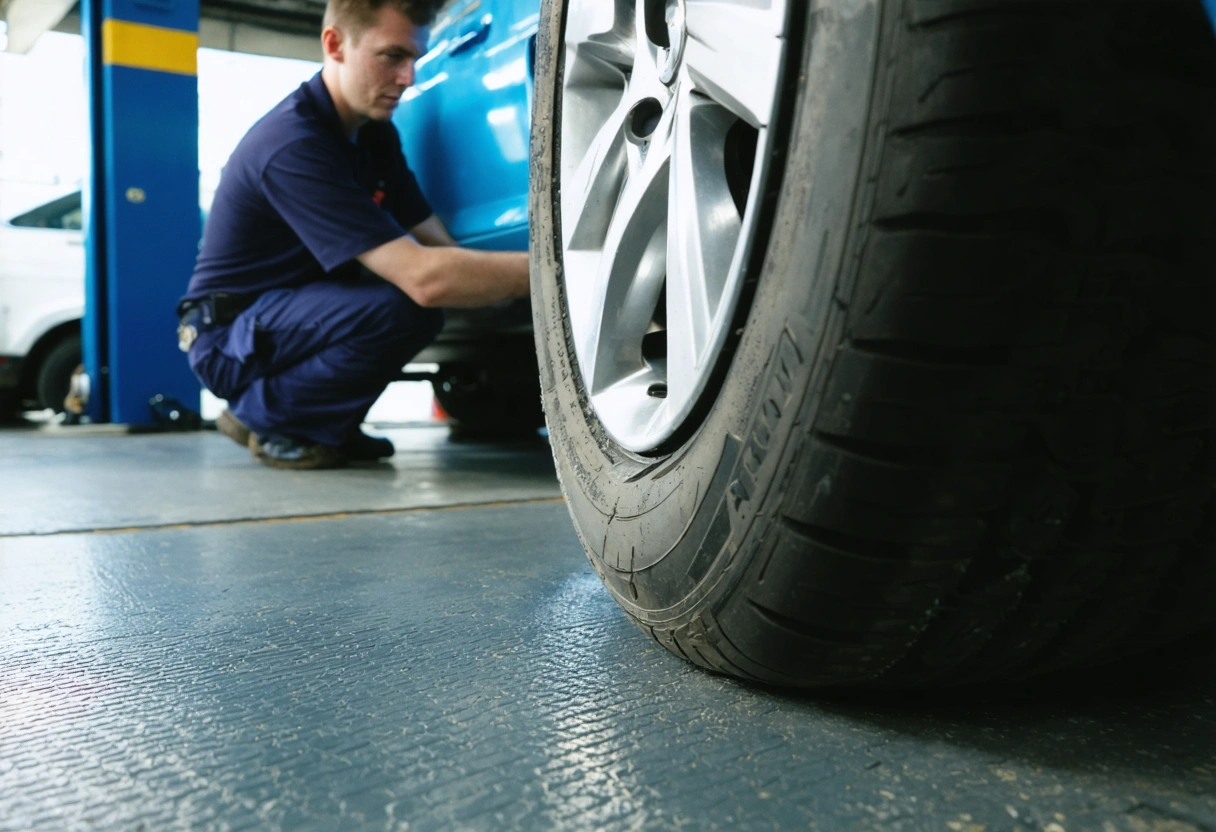 Close-up of a car tire showing even tread wear, with a mechanic in the background