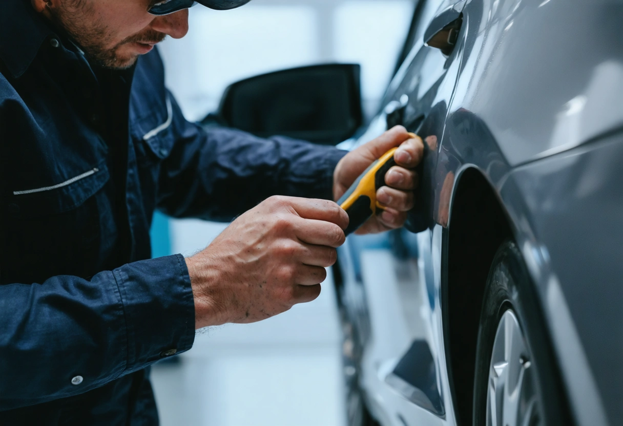 Technician performing paintless dent repair on car panel in clean workshop