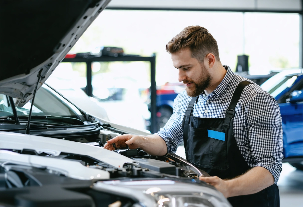 Customer and technician discussing repair in welcoming auto body shop