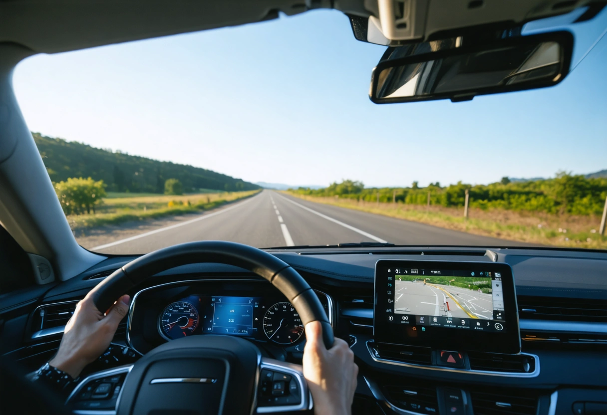 Driver on scenic road with ADAS, POV from inside the car