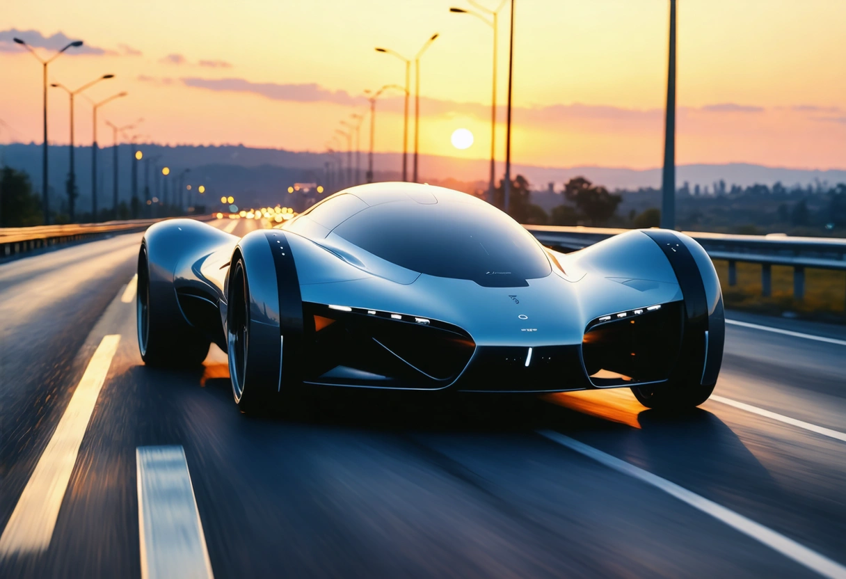 Futuristic car with ADAS on open road at sunset, wide-angle view
