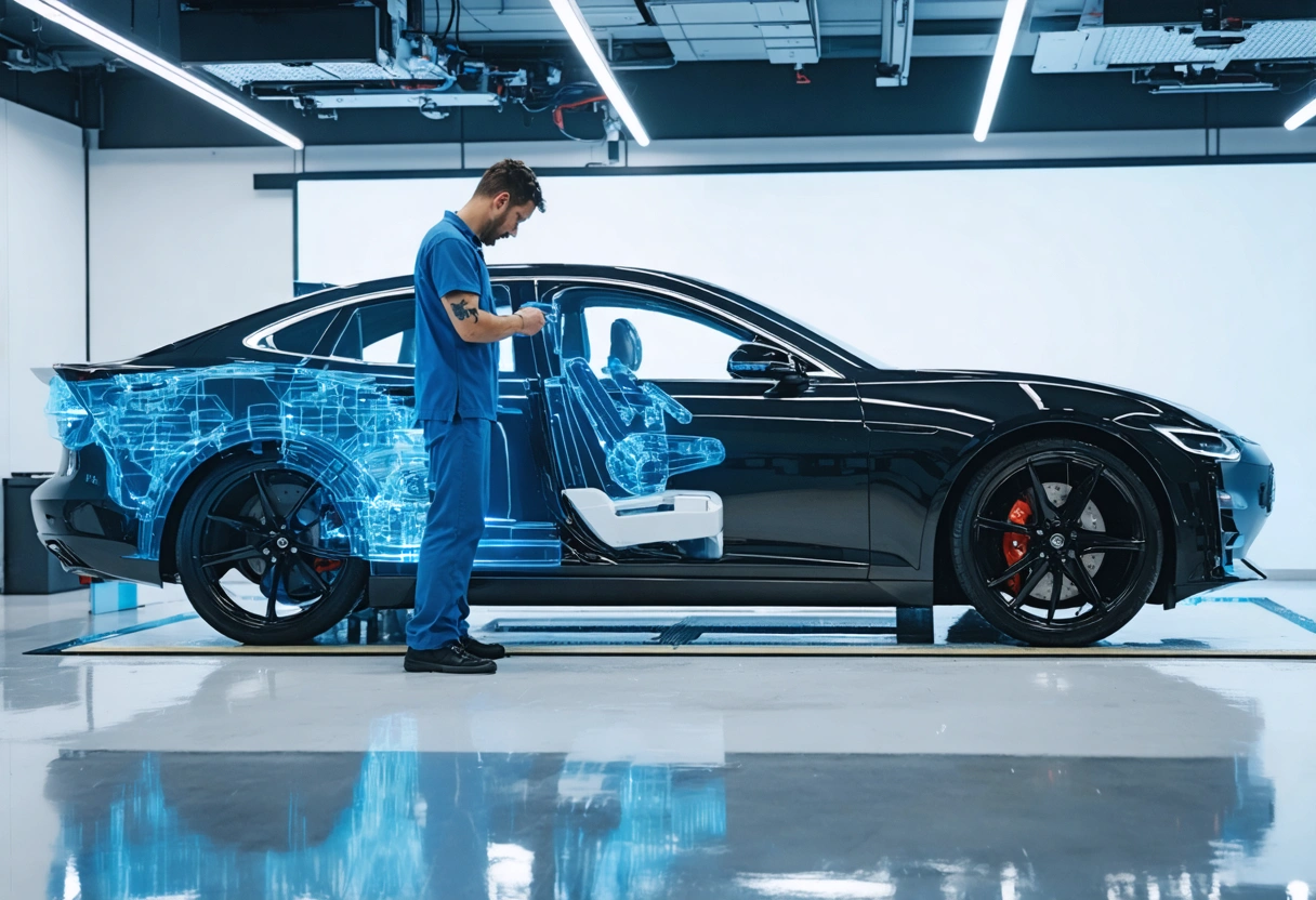 Technician using digital imaging equipment in high-tech auto body shop