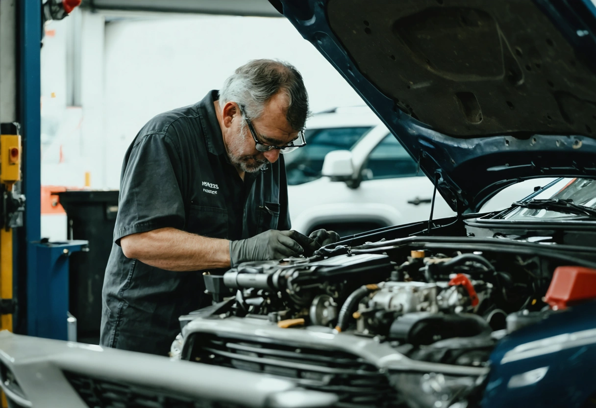 Mechanic diagnosing a car's ignition system, engine exposed, tools on a workbench, bright lighting, focused