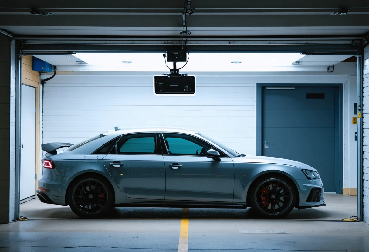 Overhead view of a modern car with ADAS sensors in a garage