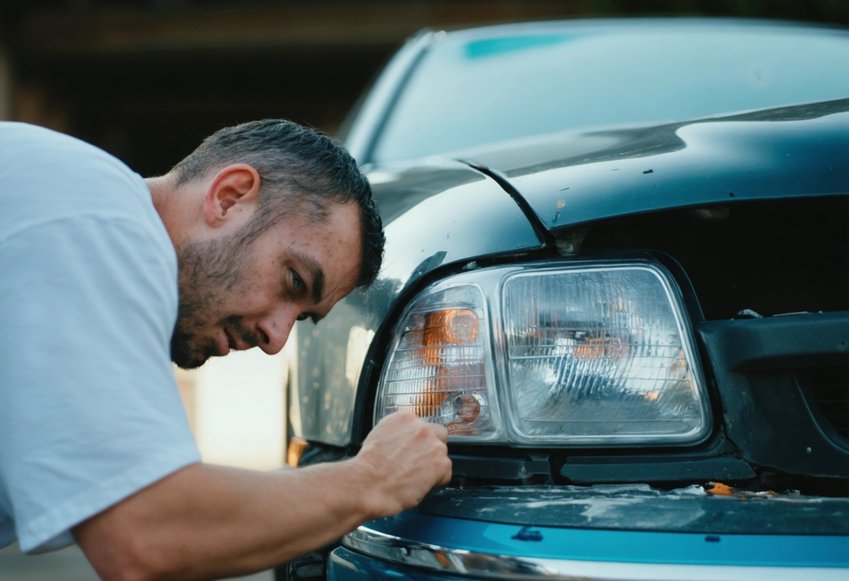 Person frustrated with DIY dent repair attempt on car outdoors