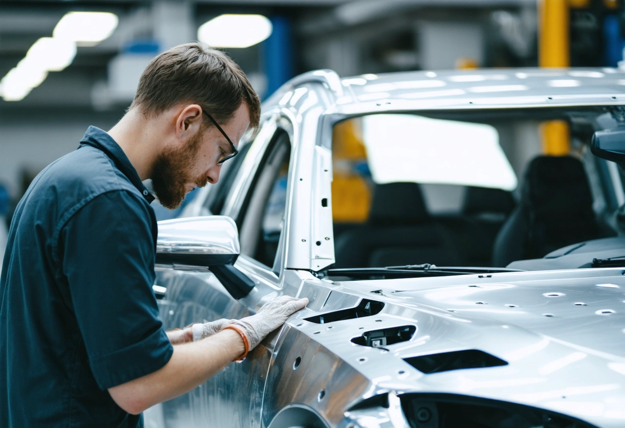 Technician examining aluminum car body in modern, organized auto repair shop