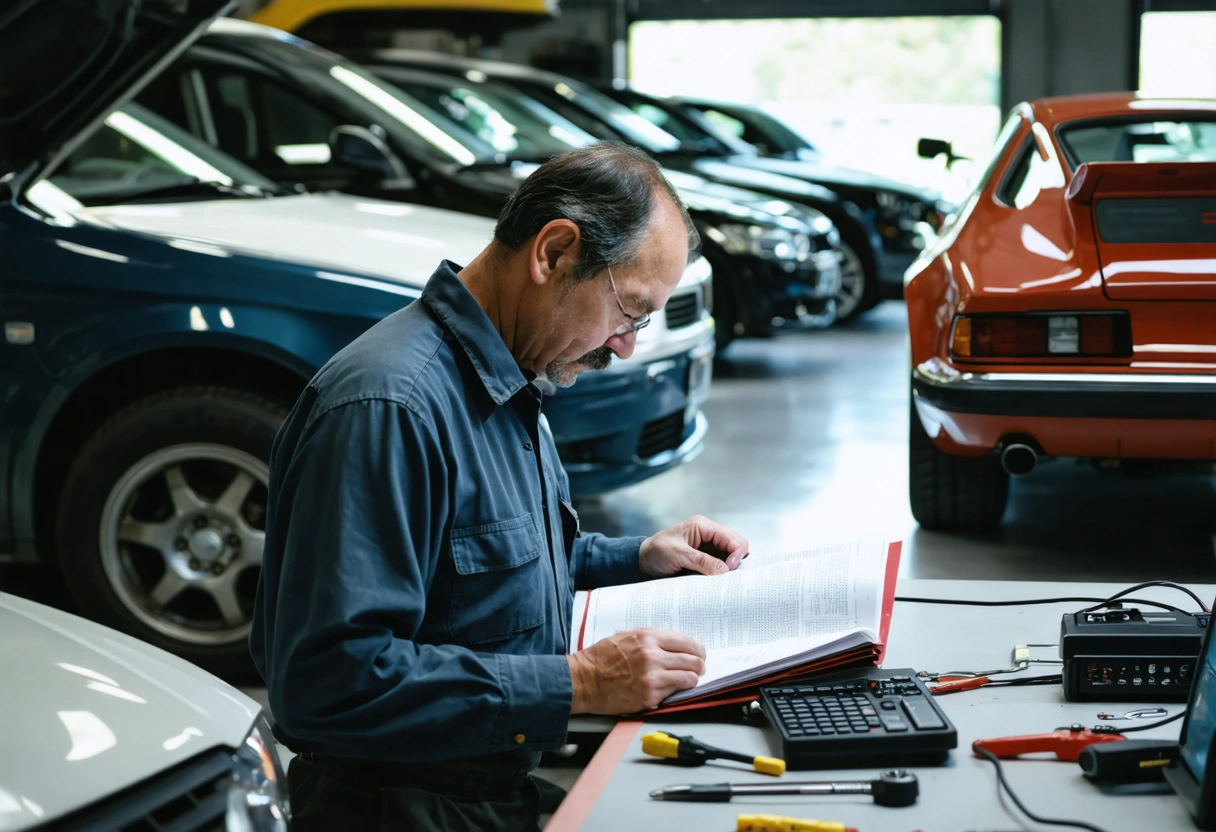 Technician reading vehicle repair manual in garage with tools and cars.