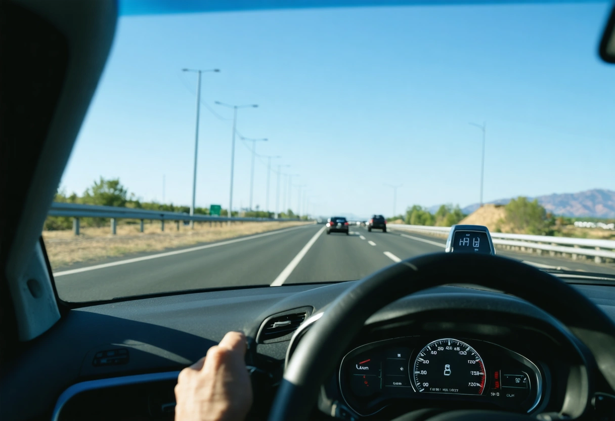 A car driving smoothly on a highway with efficient fuel consumption, highlighted by a digital