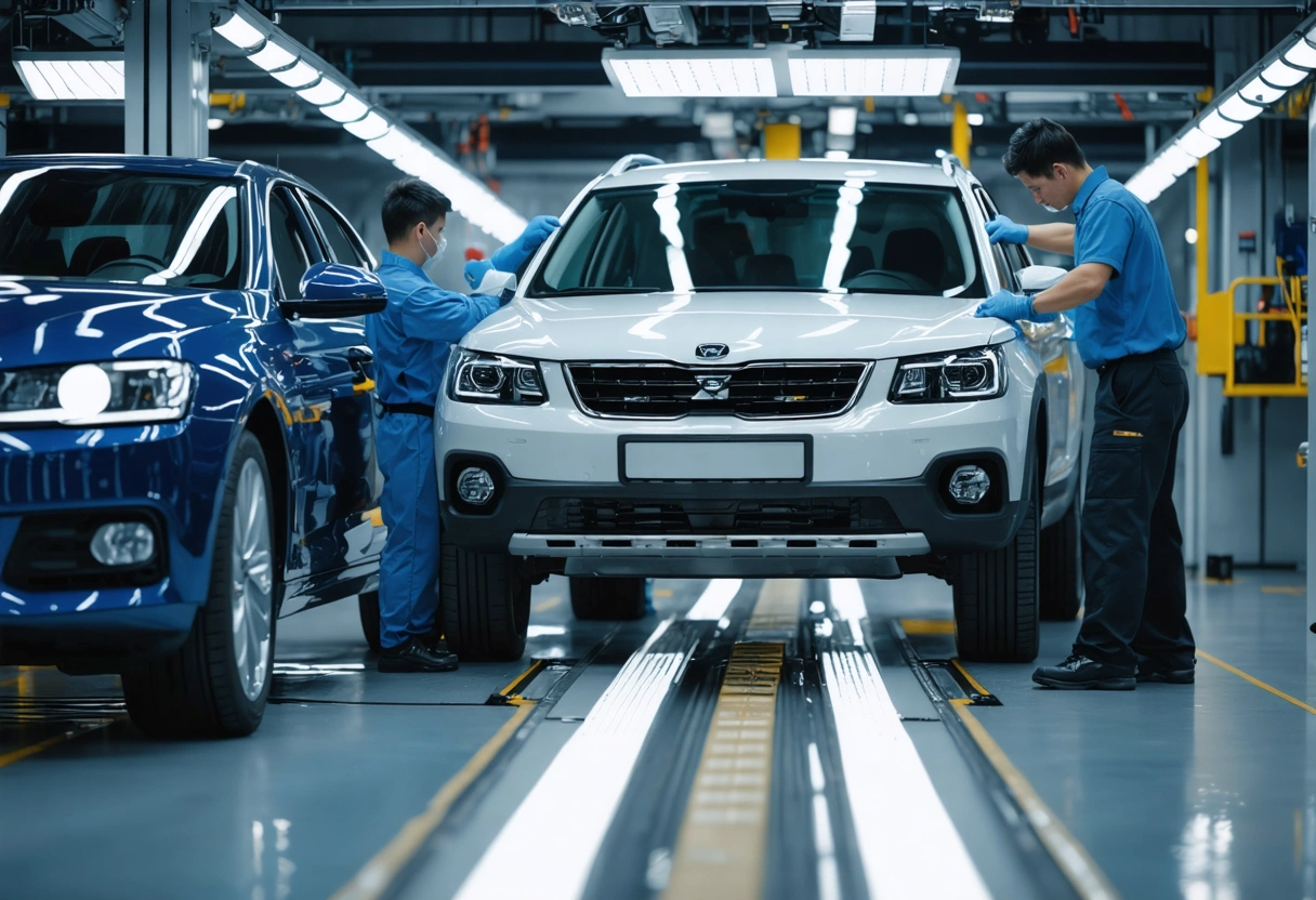 Car in quality assurance tests with technicians under bright lights